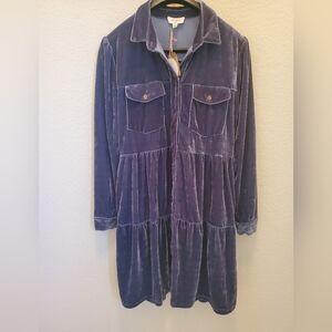 NWT Umgee Velvet Tiered Collared Dress Long Sleeve Holiday Small Blue Steel